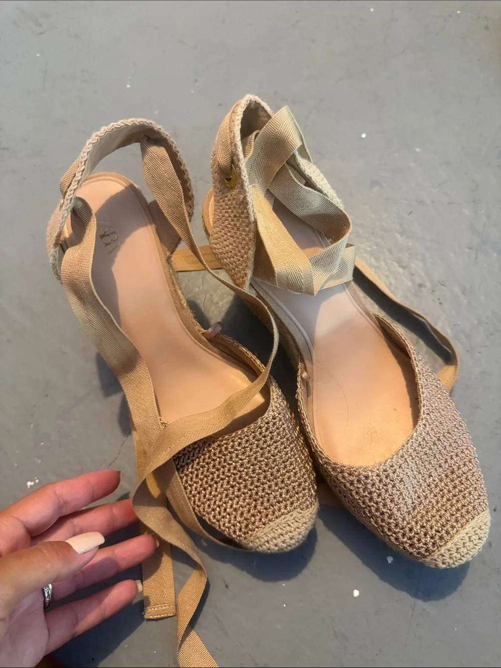 Zara Beige Woven Espadrille Tie-Up Sandals - Picture 2 of 11